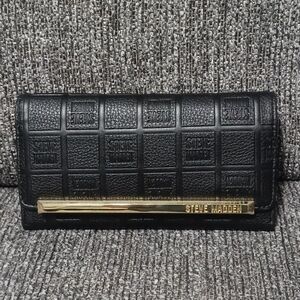 STEVE MADDEN Black & Gold Logobar Trifold Wallet